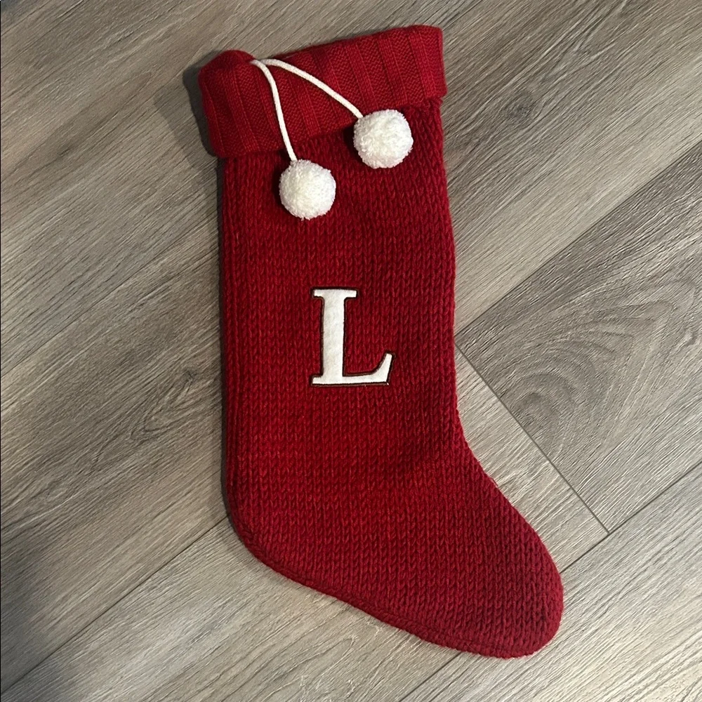 Red Knit Christmas Stocking with‎ Pom Poms and Letter “L”